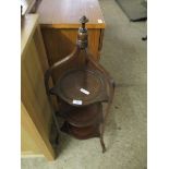 EDWARDIAN MAHOGANY THREE-TIER CAKE STAND WITH TURNED FINIAL TOP