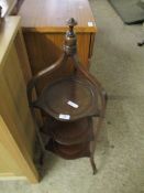 EDWARDIAN MAHOGANY THREE-TIER CAKE STAND WITH TURNED FINIAL TOP