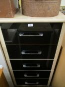 BEECHWOOD EFFECT AND BLACK GLOSS FRONTED FIVE DRAWER PILLAR CHEST WITH CHROMIUM HANDLES