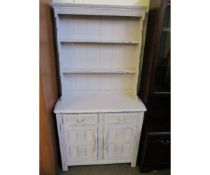 PAINTED DRESSER, THE TOP FITTED WITH TWO FIXED SHELVES, THE BASE WITH TWO DRAWERS OVER TWO