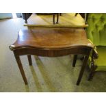 GEORGIAN MAHOGANY SERPENTINE FRONTED FOLD OVER CARD TABLE WITH GREEN BAIZE LINED INTERIOR ON