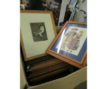 BOX CONTAINING MIXED TEAK FRAMED PRINTS ETC