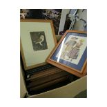 BOX CONTAINING MIXED TEAK FRAMED PRINTS ETC