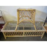 WICKER RECTANGULAR GLASS TOP SIDE TABLE AND A FURTHER BAMBOO GLASS TOP TABLE (2)