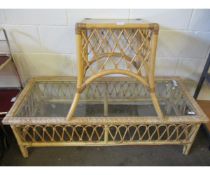 WICKER RECTANGULAR GLASS TOP SIDE TABLE AND A FURTHER BAMBOO GLASS TOP TABLE (2)