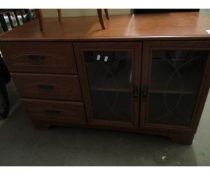 TEAK EFFECT TV CABINET WITH TWO GLAZED DOORS BESIDE THREE DRAWERS