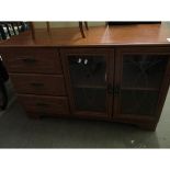 TEAK EFFECT TV CABINET WITH TWO GLAZED DOORS BESIDE THREE DRAWERS