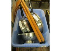 BOX OF STAINLESS STEEL PANS ETC