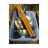 BOX OF STAINLESS STEEL PANS ETC