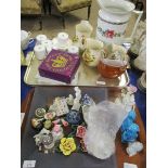 TWO TRAYS CONTAINING ORNAMENTS, BOXES, FIGURES, WORCESTER COFFEE CANS ETC