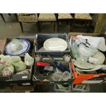 FOUR BOXES OF CHINA WARES, RIBBON EDGED PLATES, JUGS ETC