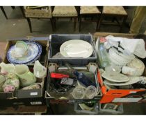 FOUR BOXES OF CHINA WARES, RIBBON EDGED PLATES, JUGS ETC