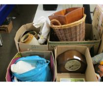 FOUR BOXES CONTAINING STONEWARE CONTAINERS, BABYCHAM GLASSES, CLOCK, BRASS WARES ETC (4)