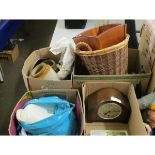 FOUR BOXES CONTAINING STONEWARE CONTAINERS, BABYCHAM GLASSES, CLOCK, BRASS WARES ETC (4)