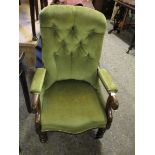 19TH CENTURY MAHOGANY GREEN UPHOLSTERED AND BUTTON BACK ARMCHAIR