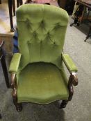 19TH CENTURY MAHOGANY GREEN UPHOLSTERED AND BUTTON BACK ARMCHAIR