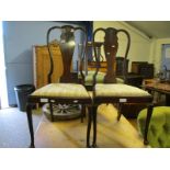 PAIR OF EDWARDIAN SHAPED SPLAT BACK DINING CHAIRS WITH STRIPED DROP IN SEATS RAISED ON PAD FRONT