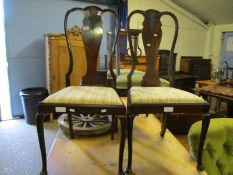 PAIR OF EDWARDIAN SHAPED SPLAT BACK DINING CHAIRS WITH STRIPED DROP IN SEATS RAISED ON PAD FRONT