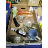 BOX CONTAINING CARNIVAL GLASS VASES, BEER TANKARDS ETC