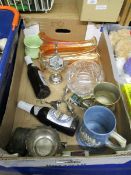 BOX CONTAINING CARNIVAL GLASS VASES, BEER TANKARDS ETC