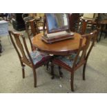 SET OF FOUR EDWARDIAN MAHOGANY SPLAT BACK DINING CHAIRS WITH ANIMAL EMBROIDERED SEATS AMONG