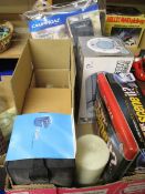 BOX CONTAINING 16 CD-ROM DISC HOLDER, CAMPING GAS COVER, LIGHT FITTINGS ETC