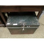 GOOD QUALITY MILNERS PATENT BOX SAFE WITH HINGED LID WITH BRASS PLATE AND KEY