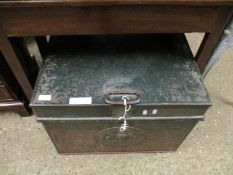 GOOD QUALITY MILNERS PATENT BOX SAFE WITH HINGED LID WITH BRASS PLATE AND KEY