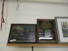 TWO 18TH CENTURY REVERSE PAINTED ON GLASS PICTURES OF A FUNERAL BARGE AND THE ASCENSION (BOTH A/F)