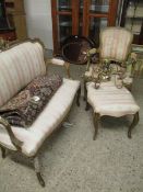 GOLD PAINTED THREE PIECE SUITE WITH CREAM AND PUCE STRIPED UPHOLSTERY COMPRISING A TWO-SEATER