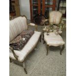 GOLD PAINTED THREE PIECE SUITE WITH CREAM AND PUCE STRIPED UPHOLSTERY COMPRISING A TWO-SEATER