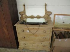 VICTORIAN WAXED PINE MIRROR BACK DRESSING CHEST WITH THREE FULL WIDTH DRAWERS WITH TURNED KNOB