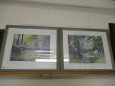 TWO FRAMED SIGNED PRINTS OF A WOODLAND PATH IN BLOOM