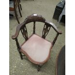 EDWARDIAN MAHOGANY AND SATINWOOD INLAID CORNER CHAIR WITH PUCE UPHOLSTERED SEAT ON X-STRETCHER