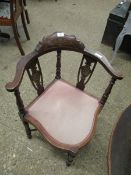 EDWARDIAN MAHOGANY AND SATINWOOD INLAID CORNER CHAIR WITH PUCE UPHOLSTERED SEAT ON X-STRETCHER