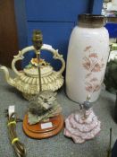 FLOWER ENCRUSTED TEA POT, A WEST GERMAN VASE, A LLADRO FIGURE OF A SPANISH DANCER AND AN OWL