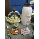 FLOWER ENCRUSTED TEA POT, A WEST GERMAN VASE, A LLADRO FIGURE OF A SPANISH DANCER AND AN OWL