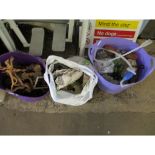 TWO TUBS AND A BAG CONTAINING FISH TANK ROCKS, ROOTS ETC