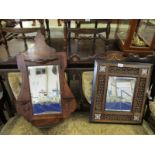 EDWARDIAN ROSEWOOD WALL MOUNTED MIRROR WITH TWO DEMI-LUNE OPEN SHELVES WITH RECTANGULAR MIRROR AND A