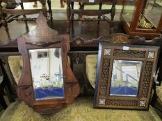 EDWARDIAN ROSEWOOD WALL MOUNTED MIRROR WITH TWO DEMI-LUNE OPEN SHELVES WITH RECTANGULAR MIRROR AND A