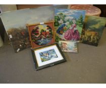 GROUP OF EMBROIDERED PICTURES, HUNTING PRINTS ETC