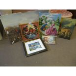 GROUP OF EMBROIDERED PICTURES, HUNTING PRINTS ETC