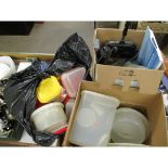 THREE BOXES OF TUPPERWARE, KITCHEN WARES ETC