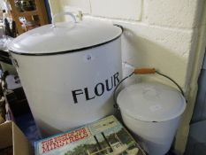 EXTREMELY LARGE ENAMEL FLOUR BIN AND A FURTHER BREAD BIN, JUG, ETC