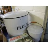 EXTREMELY LARGE ENAMEL FLOUR BIN AND A FURTHER BREAD BIN, JUG, ETC