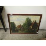 TEAK FRAMED OIL ON BOARD OF A COTTAGE SCENE