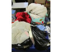 FOUR BOXES OF TOWELS, SUNDRIES, SOFT TOYS ETC