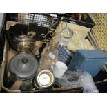 BOX CONTAINING SILVER PLATED THREE TEA SET, DECANTER, BLUE AND WHITE PLATES ETC