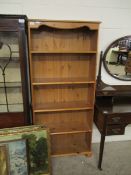 PINE FRAMED PANELLED BACK OPEN FRONTED FOUR FIXED SHELF BOOKCASE