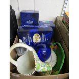 BOX CONTAINING BASKET FORMED VASE, DUISKE GLASS WARES ETC AND A FURTHER BOX CONTAINING GLASS GLOBES,